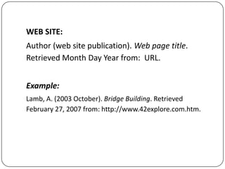 WEB SITE:
Author (web site publication). Web page title.
Retrieved Month Day Year from: URL.
Example:
Lamb, A. (2003 October). Bridge Building. Retrieved
February 27, 2007 from: http://www.42explore.com.htm.

 