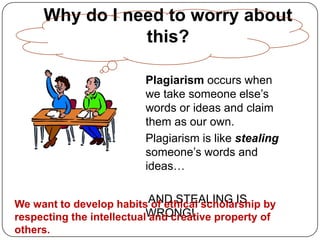 Why do I need to worry about
this?
Plagiarism occurs when
we take someone else‟s
words or ideas and claim
them as our own.
Plagiarism is like stealing
someone‟s words and
ideas…
We want to develop habitsAND STEALING IS
of ethical scholarship by
respecting the intellectualWRONG!
and creative property of
others.

 