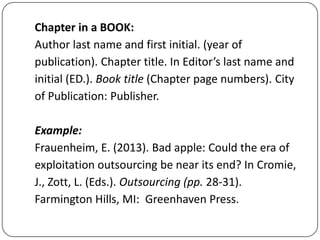 Chapter in a BOOK:
Author last name and first initial. (year of
publication). Chapter title. In Editor’s last name and
initial (ED.). Book title (Chapter page numbers). City
of Publication: Publisher.
Example:
Frauenheim, E. (2013). Bad apple: Could the era of
exploitation outsourcing be near its end? In Cromie,
J., Zott, L. (Eds.). Outsourcing (pp. 28-31).
Farmington Hills, MI: Greenhaven Press.

 