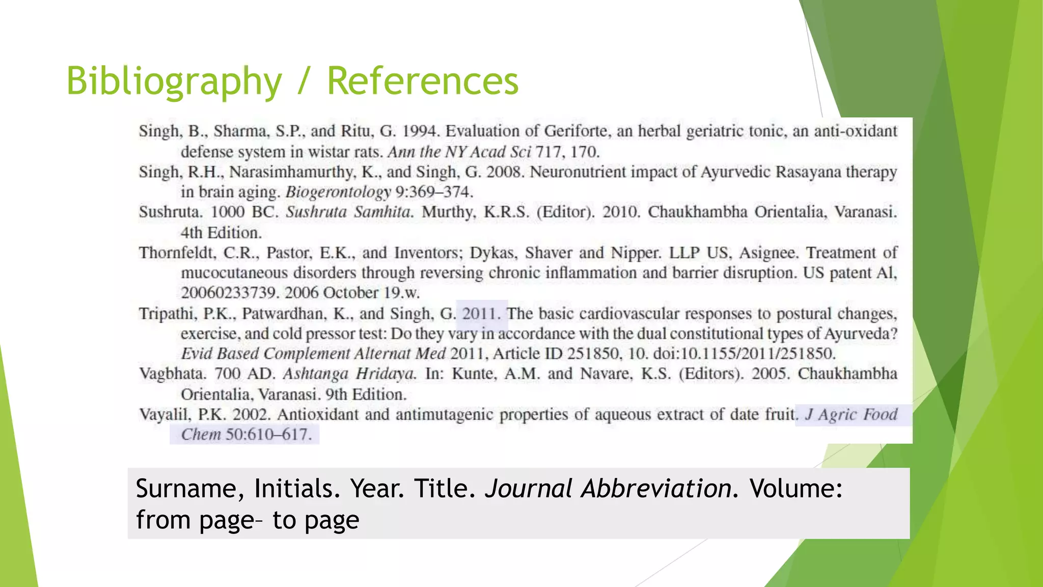 Bibliography / References
Surname, Initials. Year. Title. Journal Abbreviation. Volume:
from page– to page
 