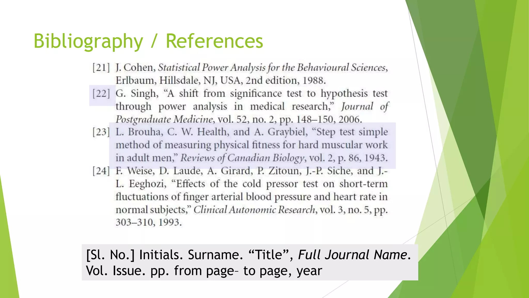 Bibliography / References
[Sl. No.] Initials. Surname. “Title”, Full Journal Name.
Vol. Issue. pp. from page– to page, year
 