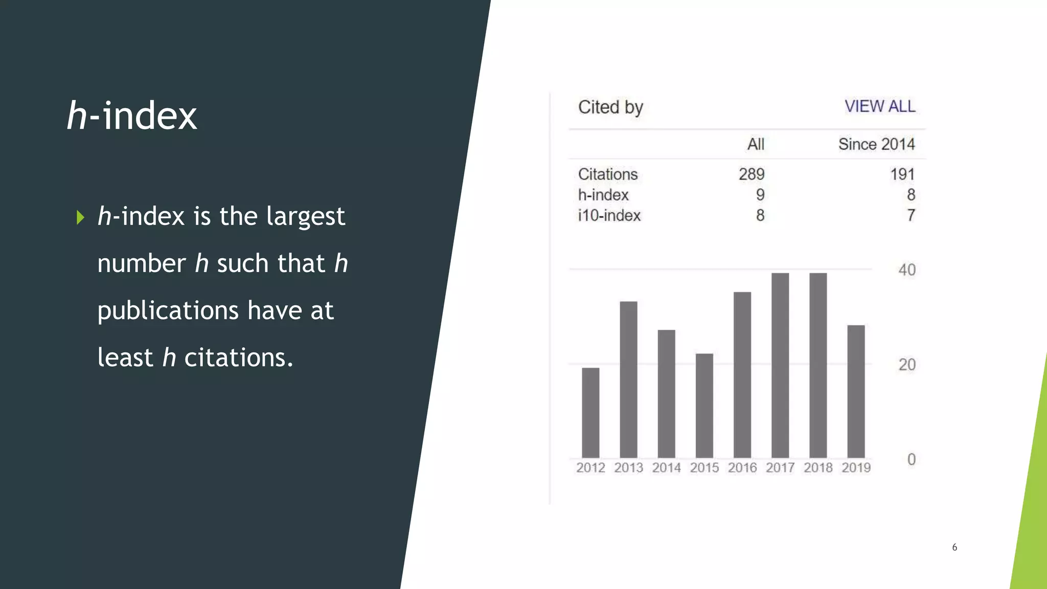 h-index
 h-index is the largest
number h such that h
publications have at
least h citations.
6
 