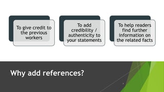 Why add references?
3
To give credit to
the previous
workers
To add
credibility /
authenticity to
your statements
To help readers
find further
information on
the related facts
 