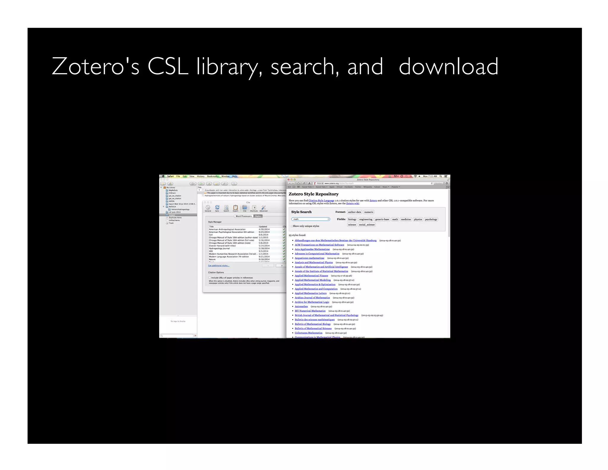 Zotero's CSL library, search, and download
 