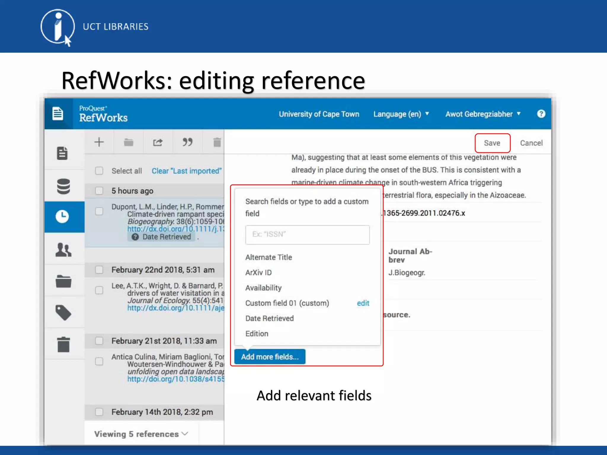 RefWorks: editing reference
Add relevant fields
 