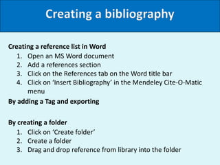 Creating a bibliography
Creating a reference list in Word
By adding a Tag and exporting
1. Open an MS Word document
2. Add...