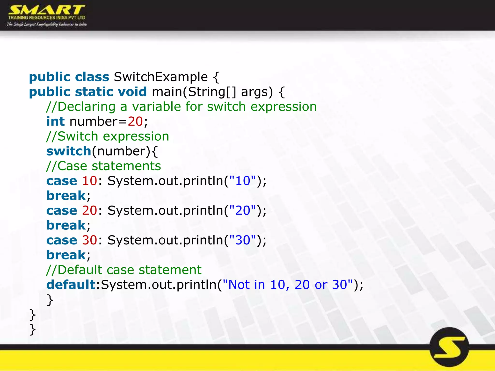 public class SwitchExample {
public static void main(String[] args) {
//Declaring a variable for switch expression
int number=20;
//Switch expression
switch(number){
//Case statements
case 10: System.out.println("10");
break;
case 20: System.out.println("20");
break;
case 30: System.out.println("30");
break;
//Default case statement
default:System.out.println("Not in 10, 20 or 30");
}
}
}
 