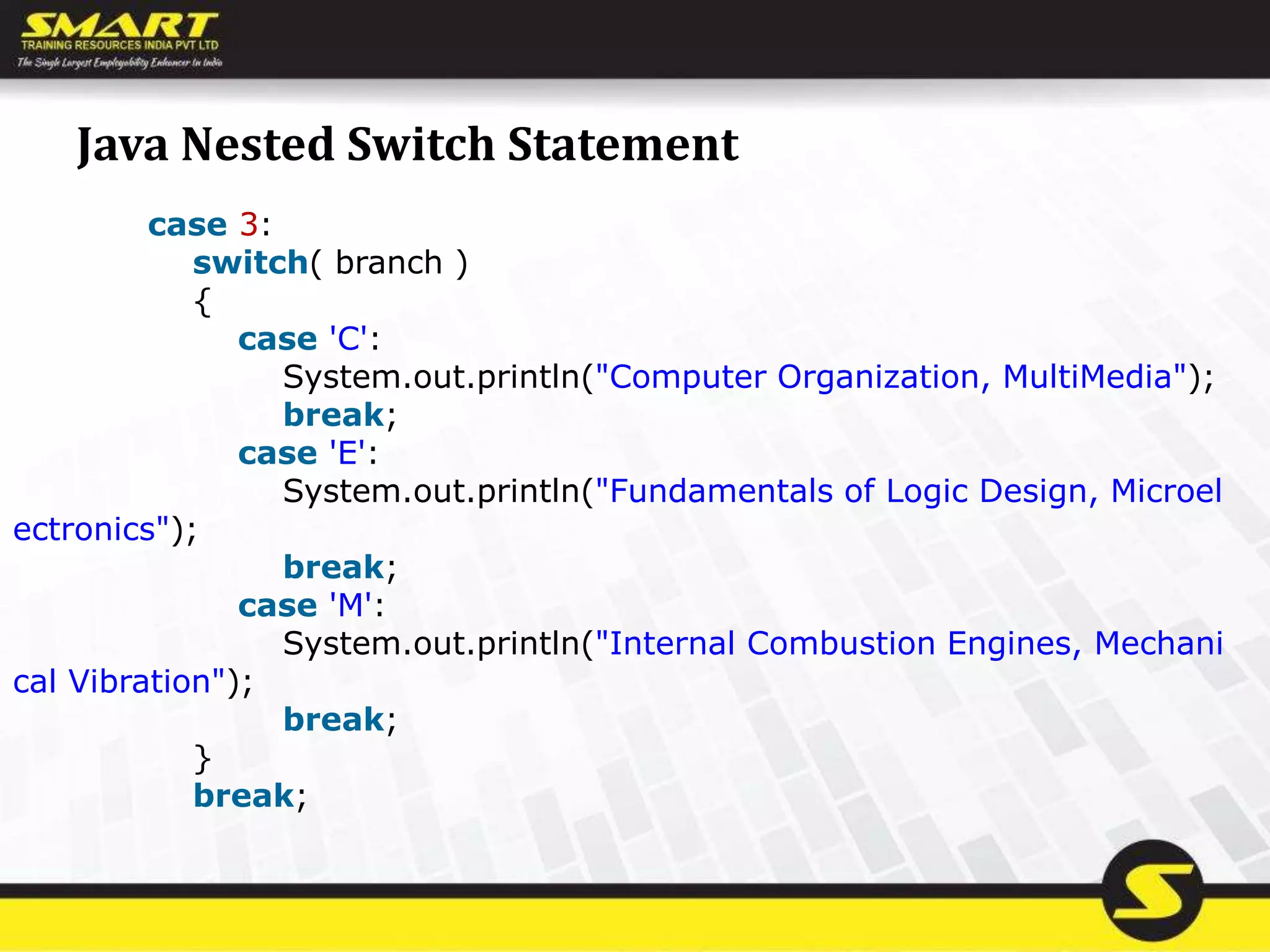 Java Nested Switch Statement
case 3:
switch( branch )
{
case 'C':
System.out.println("Computer Organization, MultiMedia");
break;
case 'E':
System.out.println("Fundamentals of Logic Design, Microel
ectronics");
break;
case 'M':
System.out.println("Internal Combustion Engines, Mechani
cal Vibration");
break;
}
break;
 