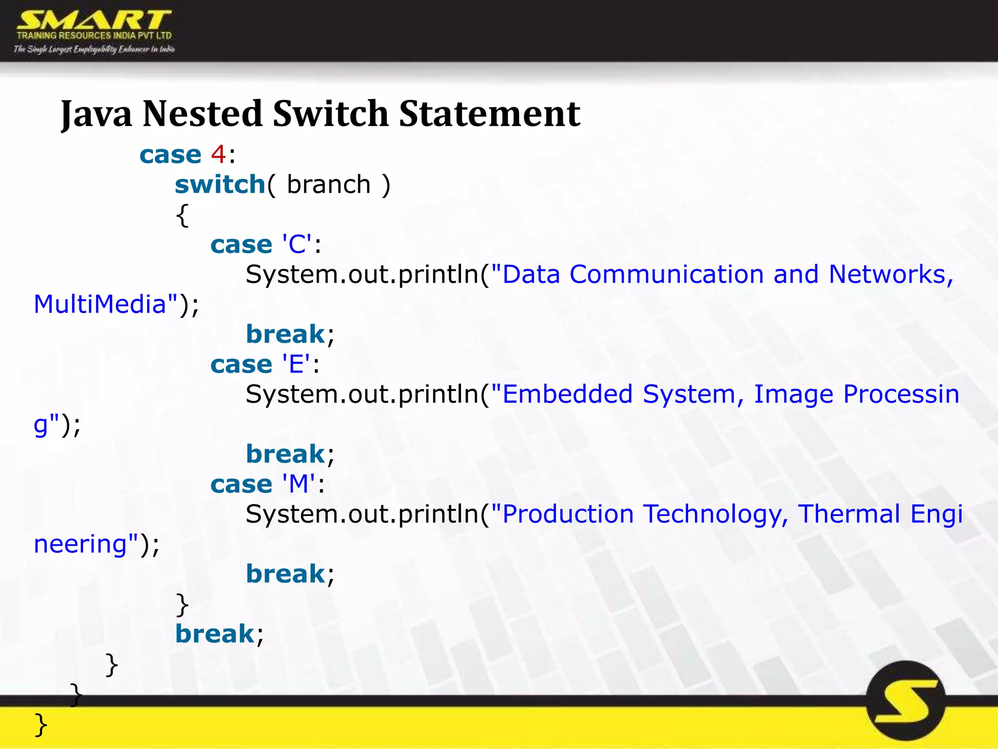 Java Nested Switch Statement
case 4:
switch( branch )
{
case 'C':
System.out.println("Data Communication and Networks,
MultiMedia");
break;
case 'E':
System.out.println("Embedded System, Image Processin
g");
break;
case 'M':
System.out.println("Production Technology, Thermal Engi
neering");
break;
}
break;
}
}
}
 