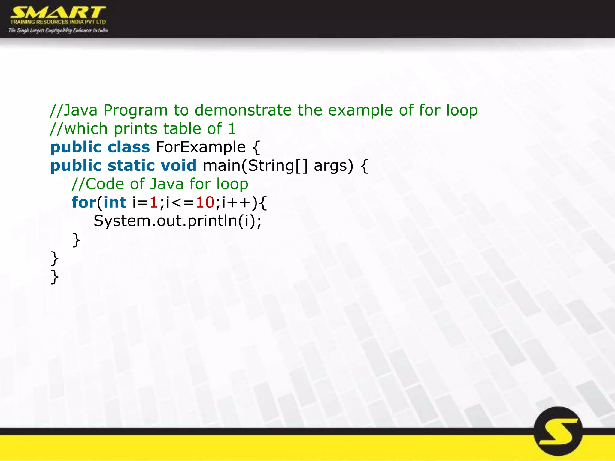 //Java Program to demonstrate the example of for loop
//which prints table of 1
public class ForExample {
public static void main(String[] args) {
//Code of Java for loop
for(int i=1;i<=10;i++){
System.out.println(i);
}
}
}
 