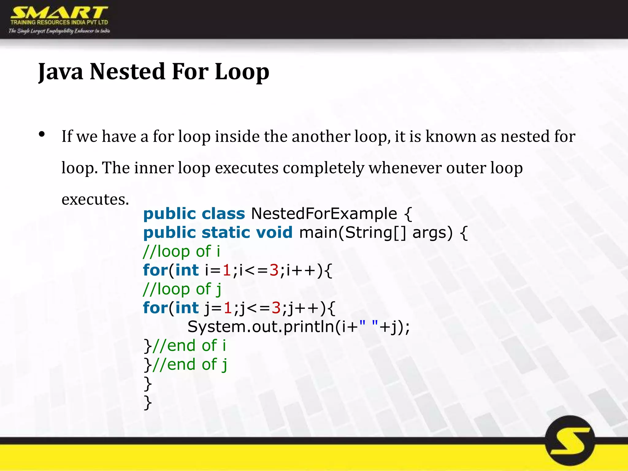 Java Nested For Loop
• If we have a for loop inside the another loop, it is known as nested for
loop. The inner loop executes completely whenever outer loop
executes.
public class NestedForExample {
public static void main(String[] args) {
//loop of i
for(int i=1;i<=3;i++){
//loop of j
for(int j=1;j<=3;j++){
System.out.println(i+" "+j);
}//end of i
}//end of j
}
}
 