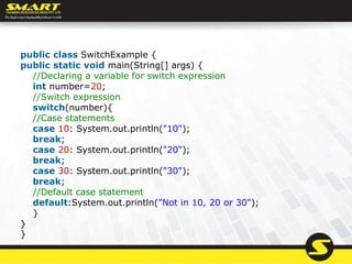 public class SwitchExample {
public static void main(String[] args) {
//Declaring a variable for switch expression
int number=20;
//Switch expression
switch(number){
//Case statements
case 10: System.out.println("10");
break;
case 20: System.out.println("20");
break;
case 30: System.out.println("30");
break;
//Default case statement
default:System.out.println("Not in 10, 20 or 30");
}
}
}
 