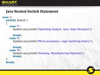 Java Nested Switch Statement
case 2:
switch( branch )
{
case 'C':
System.out.println("Operating System, Java, Data Structure");
break;
case 'E':
System.out.println("Micro processors, Logic switching theory");
break;
case 'M':
System.out.println("Drawing, Manufacturing Machines");
break;
}
break;
 