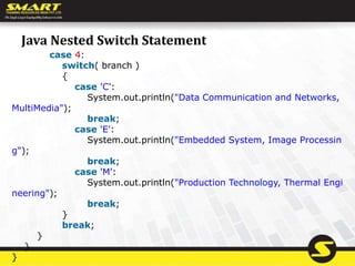 Java Nested Switch Statement
case 4:
switch( branch )
{
case 'C':
System.out.println("Data Communication and Networks,
MultiMedia");
break;
case 'E':
System.out.println("Embedded System, Image Processin
g");
break;
case 'M':
System.out.println("Production Technology, Thermal Engi
neering");
break;
}
break;
}
}
}
 