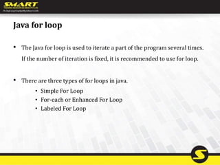 Java for loop
• The Java for loop is used to iterate a part of the program several times.
If the number of iteration is fixed, it is recommended to use for loop.
• There are three types of for loops in java.
• Simple For Loop
• For-each or Enhanced For Loop
• Labeled For Loop
 