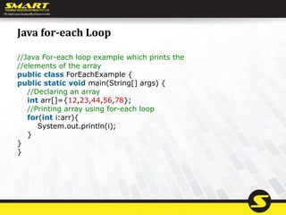 Java for-each Loop
//Java For-each loop example which prints the
//elements of the array
public class ForEachExample {
public static void main(String[] args) {
//Declaring an array
int arr[]={12,23,44,56,78};
//Printing array using for-each loop
for(int i:arr){
System.out.println(i);
}
}
}
 