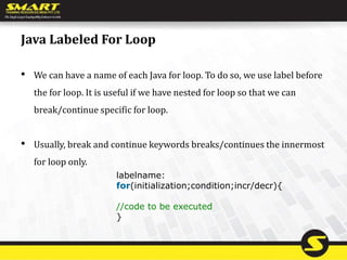 Java Labeled For Loop
• We can have a name of each Java for loop. To do so, we use label before
the for loop. It is useful if we have nested for loop so that we can
break/continue specific for loop.
• Usually, break and continue keywords breaks/continues the innermost
for loop only.
labelname:
for(initialization;condition;incr/decr){
//code to be executed
}
 