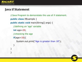 Java if Statement
//Java Program to demonstate the use of if statement.
public class IfExample {
public static void main(String[] args) {
//defining an 'age' variable
int age=20;
//checking the age
if(age>18){
System.out.print("Age is greater than 18");
}
}
}
 