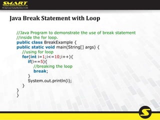 Java Break Statement with Loop
//Java Program to demonstrate the use of break statement
//inside the for loop.
public class BreakExample {
public static void main(String[] args) {
//using for loop
for(int i=1;i<=10;i++){
if(i==5){
//breaking the loop
break;
}
System.out.println(i);
}
}
}
 