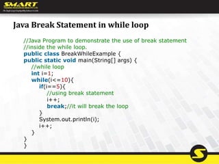 Java Break Statement in while loop
//Java Program to demonstrate the use of break statement
//inside the while loop.
public class BreakWhileExample {
public static void main(String[] args) {
//while loop
int i=1;
while(i<=10){
if(i==5){
//using break statement
i++;
break;//it will break the loop
}
System.out.println(i);
i++;
}
}
}
 
