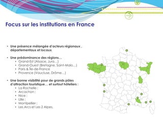 Focus sur les institutions en France


• Une présence mélangée d’acteurs régionaux ,
  départementaux et locaux

• Une prédominance des régions…
    • Grand-Est (Alsace, Jura…)
    • Grand-Ouest (Bretagne, Saint-Malo…)
    • Paris & Île-de-France
    • Provence (Vaucluse, Drôme…)

• Une bonne visibilité pour de grands pôles
  d’attraction touristique… et surtout hôteliers :
     • La Rochelle ;
     • Arcachon ;
     • Nice ;
     • Lille ;
     • Montpellier ;
     • Les Arcs et Les 2 Alpes.
 