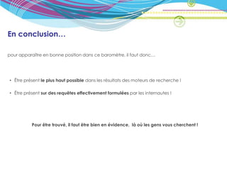 En conclusion…

pour apparaître en bonne position dans ce baromètre, il faut donc…




• Être présent le plus haut possible dans les résultats des moteurs de recherche !

• Être présent sur des requêtes effectivement formulées par les internautes !




          Pour être trouvé, il faut être bien en évidence, là où les gens vous cherchent !
 