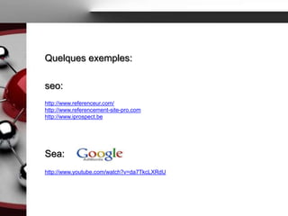 Quelques exemples:

seo:
http://www.referenceur.com/
http://www.referencement-site-pro.com
http://www.iprospect.be




Sea:
http://www.youtube.com/watch?v=da7TkcLXRdU
 