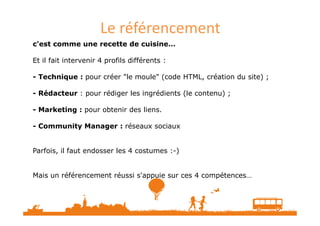 Le référencement
c'est comme une recette de cuisine…
Et il fait intervenir 4 profils différents :
- Technique : pour créer "le moule" (code HTML, création du site) ;
- Rédacteur : pour rédiger les ingrédients (le contenu) ;
- Marketing : pour obtenir des liens.- Marketing : pour obtenir des liens.
- Community Manager : réseaux sociaux
Parfois, il faut endosser les 4 costumes :-)
Mais un référencement réussi s'appuie sur ces 4 compétences…
 