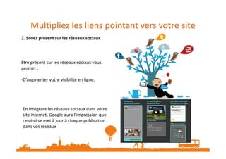 Multipliez les liens pointant vers votre site
2. Soyez présent sur les réseaux sociaux
Être présent sur les réseaux sociaux vous
permet :
-D’augmenter votre visibilité en ligne.-D’augmenter votre visibilité en ligne.
En intégrant les réseaux sociaux dans votre
site internet, Google aura l’impression que
celui-ci se met à jour à chaque publication
dans vos réseaux
 
