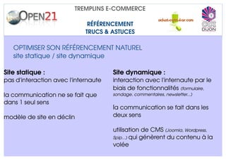 TREMPLINS E­COMMERCE

                              RÉFÉRENCEMENT
                             TRUCS & ASTUCES

   OPTIMISER SON RÉFÉRENCEMENT NATUREL
   site statique / site dynamique

Site statique :                       Site dynamique :
pas d'interaction avec l'internaute   interaction avec l'internaute par le 
                                      biais de fonctionnalités (formulaire,  
la communication ne se fait que       sondage, commentaires, newsletter...)
dans 1 seul sens
                                      la communication se fait dans les 
modèle de site en déclin              deux sens

                                      utilisation de CMS (Joomla, Wordpress,  
                                      Spip...) qui génèrent du contenu à la 
                                      volée
 