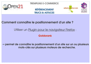 TREMPLINS E­COMMERCE

                          RÉFÉRENCEMENT
                         TRUCS & ASTUCES



Comment connaître le positionnement d'un site ?

         Utiliser un Plugin pour le navigateur Firefox : 
                             Goldorank 


→ permet de connaître le positionnement d'un site sur un ou plusieurs 
           mots­clés sur plusieurs moteurs de recherche.
 