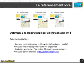 Le référencement local
        1ère Position Lyon   1ère Position Paris   1ère Position Savoie




Optimisez une landing page par ville/établissement !

Optimisation On-Site :

    • Contenu pertinent unique et lié à votre thématique et localité
    • Intégrez une adresse postale dans vos pages Web
    • Optimisez vos balises Title et Hn : Mots-clés + géolocalisation
    • Intégrez les rich snippets (http://schema.org/Place)



                                                                          17
 