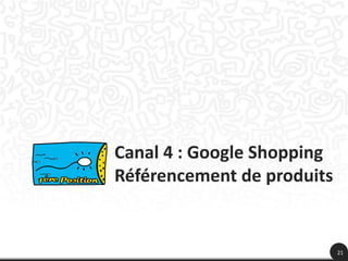 Canal 4 : Google Shopping
Référencement de produits


                            21
 