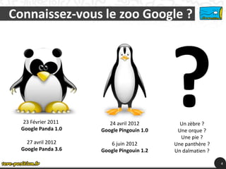 Connaissez-vous le zoo Google ?




   23 Février 2011      24 avril 2012        Un zèbre ?
  Google Panda 1.0   Google Pingouin 1.0    Une orque ?
                                             Une pie ?
    27 avril 2012       6 juin 2012        Une panthère ?
  Google Panda 3.6   Google Pingouin 1.2   Un dalmatien ?

                                                            4
 
