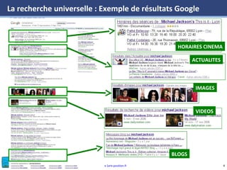 www.1ere-position.fr
La recherche universelle : Exemple de résultats Google
ACTUALITES
VIDEOS
BLOGS
IMAGES
HORAIRES CINEMA
4
 