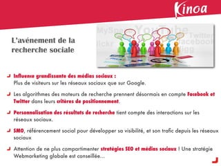 L’avénement de la
recherche sociale


Inﬂuence grandissante des médias sociaux :
Plus de visiteurs sur les réseaux sociaux que sur Google.

Les algorithmes des moteurs de recherche prennent désormais en compte Facebook et
Twitter dans leurs critères de positionnement.

Personnalisation des résultats de recherche tient compte des interactions sur les
réseaux sociaux.

SMO, référencement social pour développer sa visibilité, et son traﬁc depuis les réseaux
sociaux

Attention de ne plus compartimenter stratégies SEO et médias sociaux ! Une stratégie
Webmarketing globale est conseillée...
 