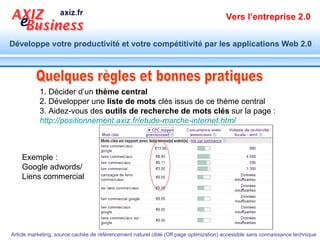 Quelques règles et bonnes pratiques  1. Décider d’un  thème central 2. Développer une  liste de mots  clés issus de ce thème central 3. Aidez-vous des  outils de recherche de mots clés  sur la page : http://positionnement.axiz.fr/etude-marche-internet.html   Exemple : Google adwords/  Liens commercial 