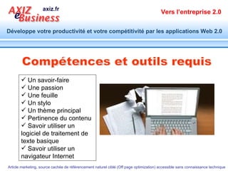 Compétences et outils requis Un savoir-faire Une passion Une feuille Un stylo Un thème principal Pertinence du contenu Savoir utiliser un logiciel de traitement de texte basique Savoir utiliser un navigateur Internet 