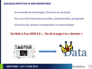 2626
SMX PARIS – 6 ET 7 JUIN 2013
QUELQUES MOTS SUR LE WEB SEMANTIQUE
Un ensemble de technologies, d’outils et de standards
Pour une information plus accessible, compréhensible, partageable
Construire des solutions interopérables et automatisables
Du Web 1.0 au WEB 3.0 …. Ou de la page à la « donnée »
Data
 