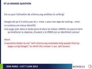 3636
SMX PARIS – 6 ET 7 JUIN 2013
ET LA GRANDE QUESTION
Est-ce que l’utilisation de schema.org améliore le ranking!
Google dit qu’il n’utilise pas les « meta » pour son algo de ranking… mais:
Le contenu est mieux identifié
Une page avec dans le texte paris et dans les metas «PARIS» ne pourra faire
qu’améliorer la réponse, d’autant si le PARIS est un identifiant connu!
Aussi:
It would be better to ask “will schema.org metadata help people find my
pages using Google”, to which the answer is yes (phil barker)
 