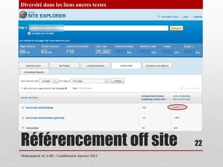 Diversité dans les liens ancres textes




Référencement off site                       22
Mohammed ALAMI - Confidentiel Janvier 2012
 