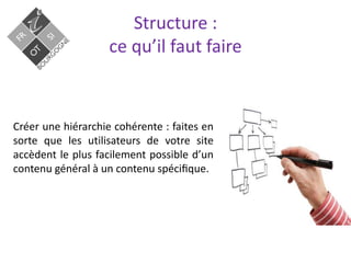 Structure :
ce qu’il faut faire
Créer une hiérarchie cohérente : faites en
sorte que les utilisateurs de votre site
accèdent le plus facilement possible dʼun
contenu général à un contenu spéciﬁque.
 