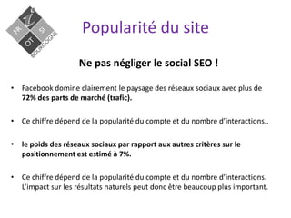 Ne pas négliger le social SEO !
• Facebook domine clairement le paysage des réseaux sociaux avec plus de
72% des parts de marché (trafic).
• Ce chiffre dépend de la popularité du compte et du nombre d’interactions..
• le poids des réseaux sociaux par rapport aux autres critères sur le
positionnement est estimé à 7%.
• Ce chiffre dépend de la popularité du compte et du nombre d’interactions.
L’impact sur les résultats naturels peut donc être beaucoup plus important.
Popularité du site
 