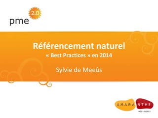Référencement naturel
« Best Practices » en 2014

Sylvie de Meeûs

 