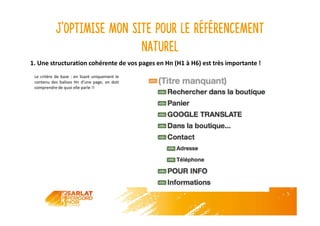 J’optimise mon site pour le référencement
naturel
Le critère de base : en lisant uniquement le
contenu des balises Hn d’une page, on doit
comprendre de quoi elle parle !!
1. Une structuration cohérente de vos pages en Hn (H1 à H6) est très importante !
 