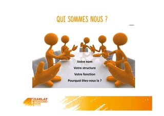 Qui sommes nous ?
Votre nom
Votre structure
Votre fonction
Pourquoi êtes-vous la ?
 