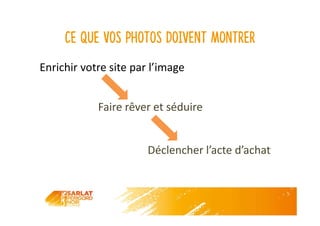 Ce que vos photos doivent montrer
Enrichir votre site par l’image
Faire rêver et séduire
Déclencher l’acte d’achat
 