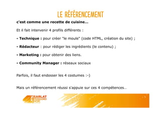 Le référencement
c'est comme une recette de cuisine…
Et il fait intervenir 4 profils différents :
- Technique : pour créer "le moule" (code HTML, création du site) ;
- Rédacteur : pour rédiger les ingrédients (le contenu) ;
- Marketing : pour obtenir des liens.
- Community Manager : réseaux sociaux
Parfois, il faut endosser les 4 costumes :-)
Mais un référencement réussi s'appuie sur ces 4 compétences…
 
