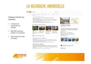 La recherche universelle
Chaque minute sur
Internet :
• 2 millions de
recherches sur
Google
• 680 000 contenus
publiés sur Facebook
• 200 millions de mails
échangés.
 