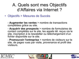 A. Quels sont mes Objectifs d’Affaires via Internet ? Objectifs > Mesures de Succès -  Augmenter les ventes  > nombre de transactions complétées grâce au site. -  Acquérir des prospects  > nombre de formulaires de contact complétés sur le site, les appels tél. reçus via le site, inscription à la newsletter ou téléchargement d’un fichier disponible sur le site. -  Promouvoir l’entreprise  > nombre de visiteurs sur le site, de pages vues par visite, provenance et profil des visiteurs. 